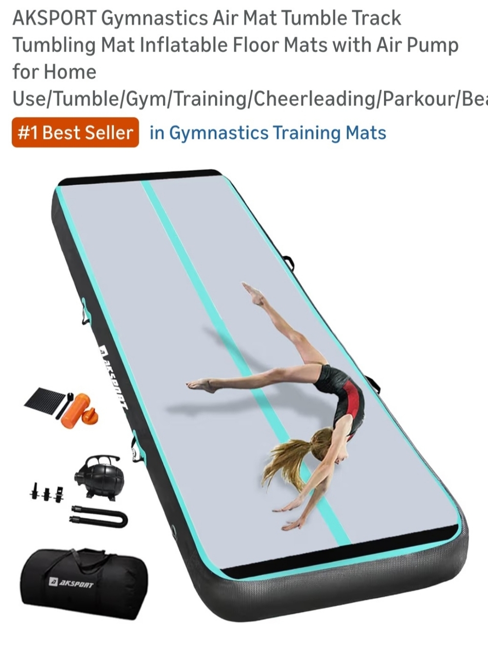 AKSPORT Inflatable Gymnastics Air Track Mat — Light Gray with Teal Stripe